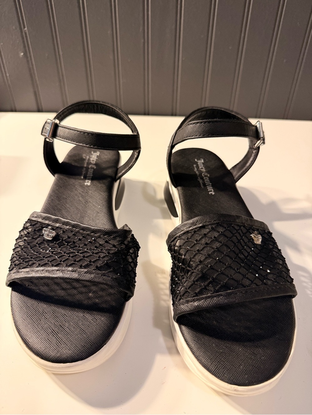 Juicy Couture Black Ankle-Strap Platform Sandals with Mesh Accent - Picture 2 of 16